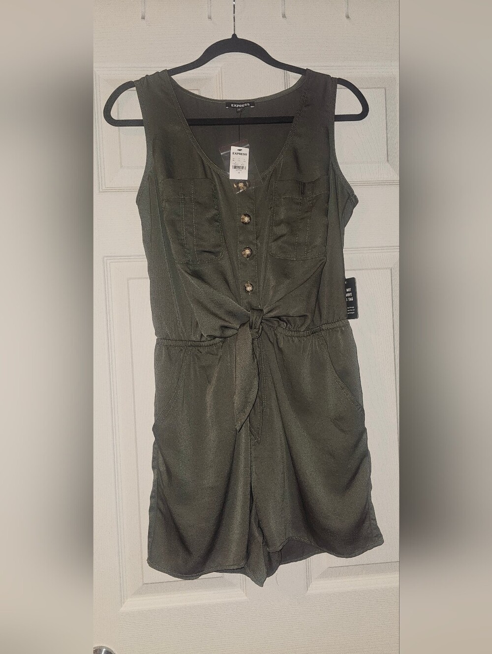Express Olive Green Romper with Button Accent